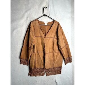 SMH Leather Jacket Women 2X Brown V Neck Lace Trim Button Front Water Resistance